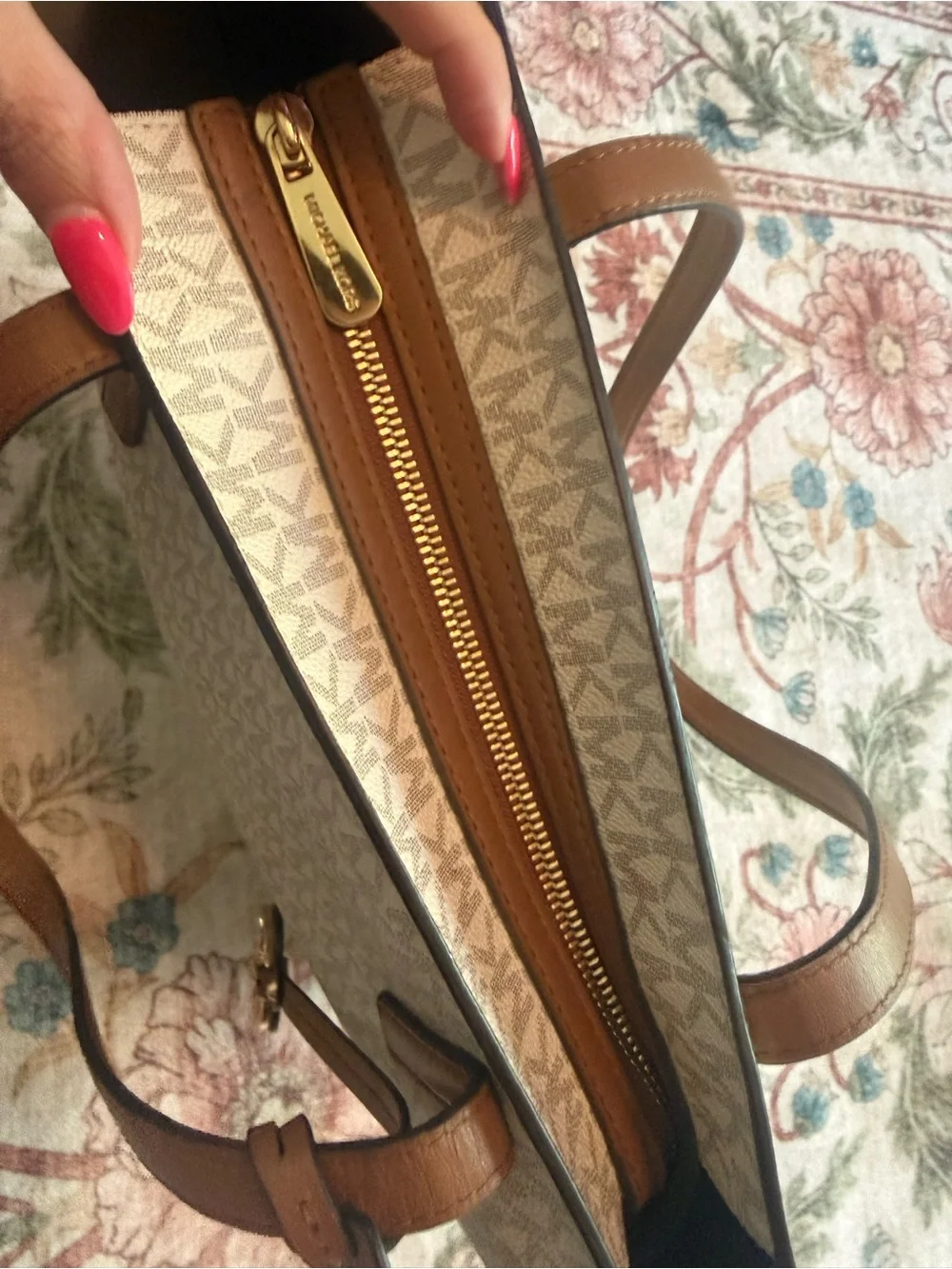 Michael Kors Beige Signature MK Logo Tote with Brown Leather Straps